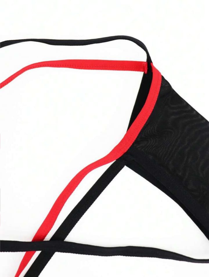 Fashionable Black Hollow Mesh Alluring Black & Red Trim Sexy Underwear For men